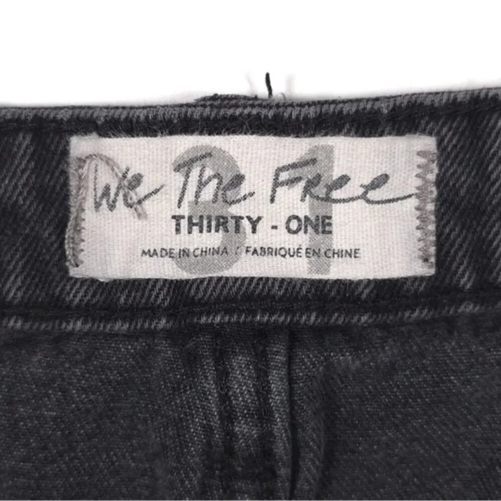 FREE PEOPLE Women’s Black Denim Mini Skirt Button Fly Distressed Cut Off Size 31